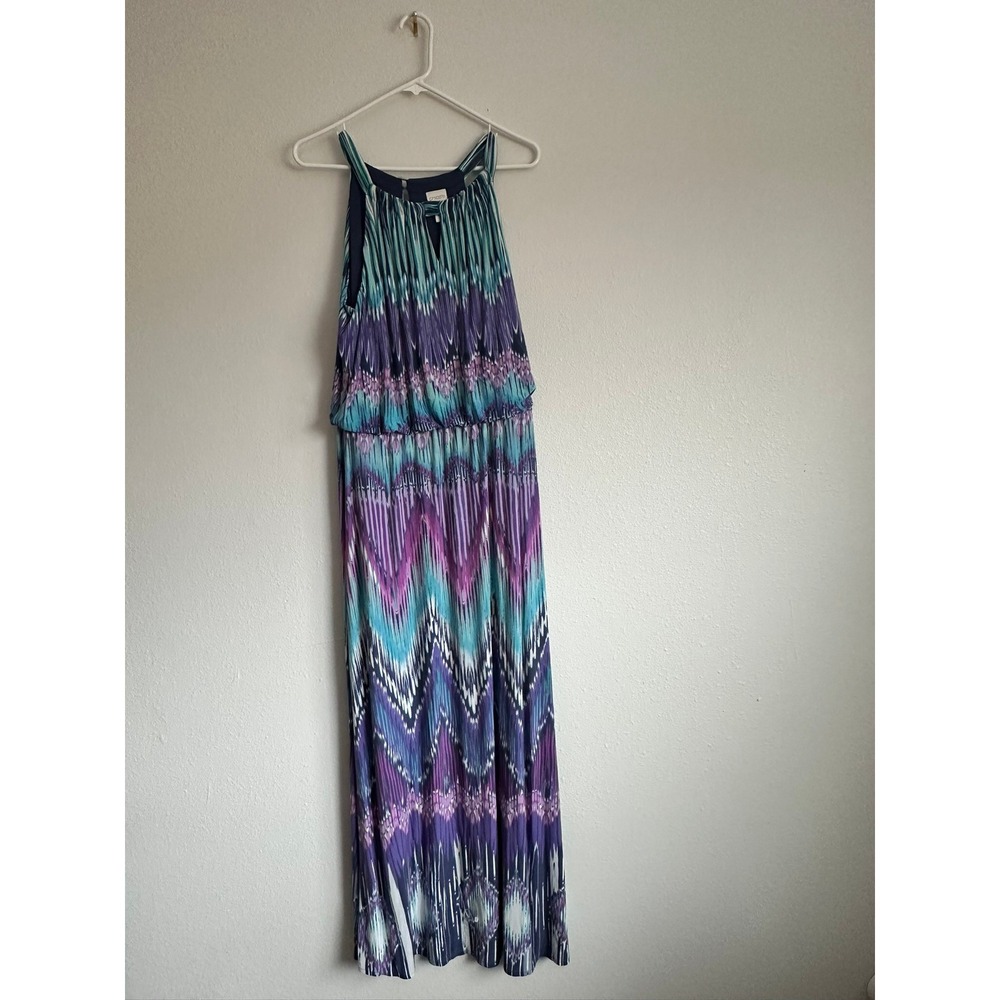 Chico's Purple Teal Chevron Ikat Blouson Maxi Dress Size 2 Large Sleeveless